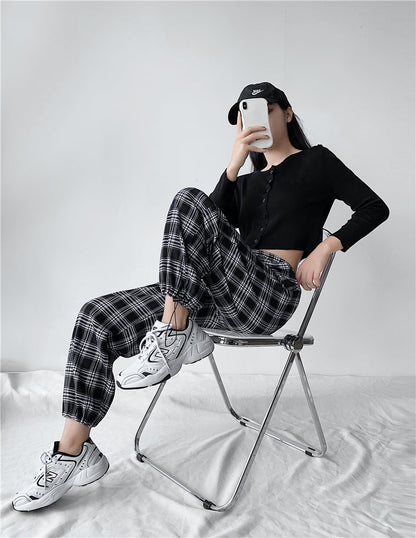 Plaid Pants Women High Waist Drawstring Loose Straight Baggy Pants 2022 Spring and Summer
