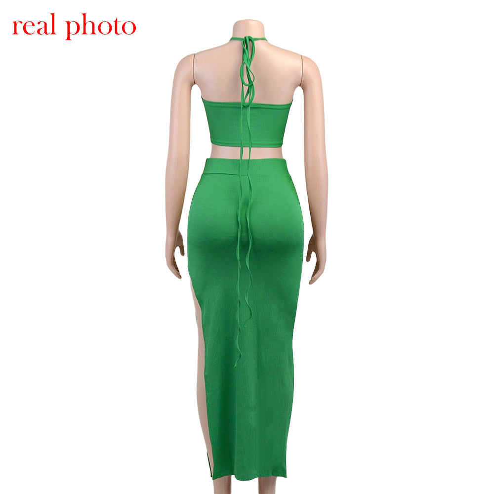Cryptographic Bandage Cut Out Sexy Halter Neck Top and Skirts Set Gathered Elegant