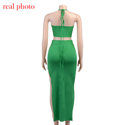 Cryptographic Bandage Cut Out Sexy Halter Neck Top and Skirts Set Gathered Elegant