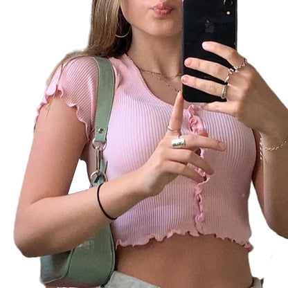 Women clothes Ladies Button Square Neck Tops Short Sleeve square collar pullover T-shirts