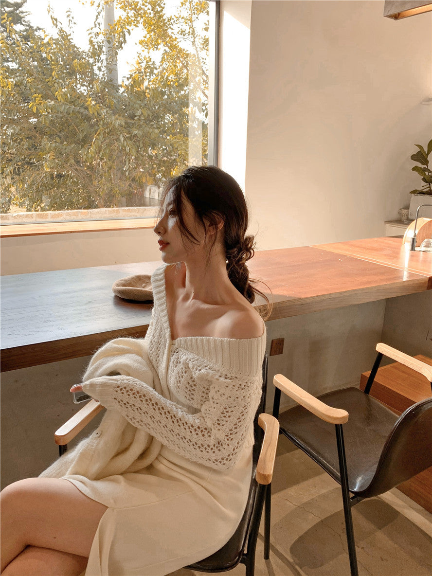 Women Hollow Sweater Cardigan Outerwear V Neck Button Knitted Tops Jackets
