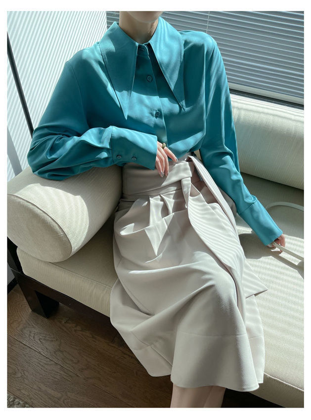 Big Pointed Collar White Blouses For Women Vintage Loose Long Sleeve Shirt