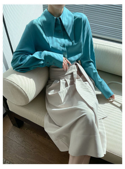 Big Pointed Collar White Blouses For Women Vintage Loose Long Sleeve Shirt