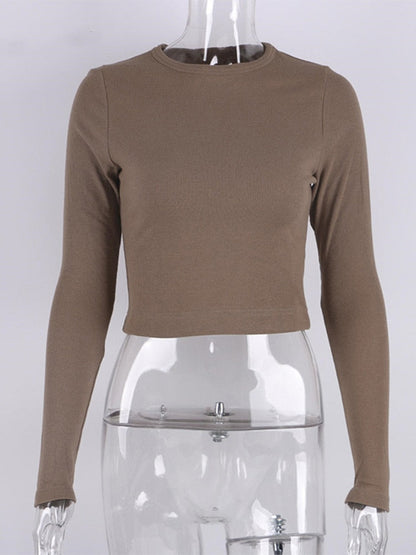 O Neck Long Sleeve Shirt Women Ribbed Sexy Cropped Tops Casual Skinny T Shirts White