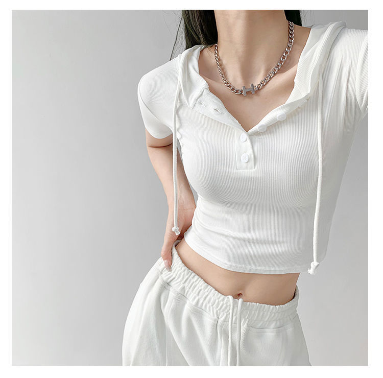 Fashion Hooded T-shirts Women Summer Tight Short Sleeve Y2k Tees Gray Crop Tops Female