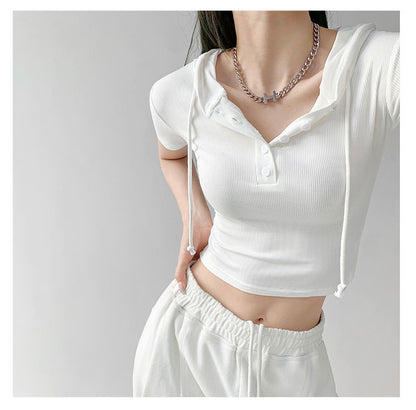 Fashion Hooded T-shirts Women Summer Tight Short Sleeve Y2k Tees Gray Crop Tops Female