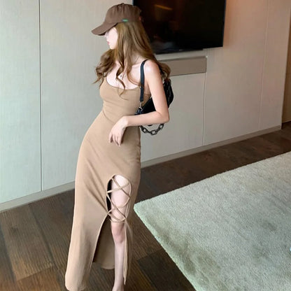 French Slim Fit Split Strap Dress Sleeveless Strap Dress