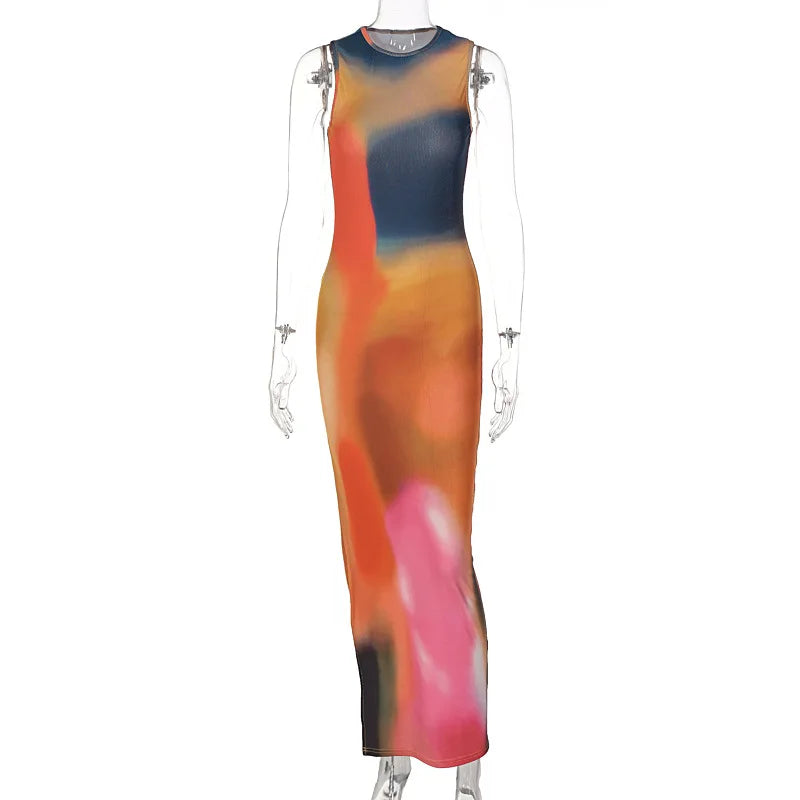 Tie Dye Print Ribbed Midi Dress Bodycon Side Slit Y2K