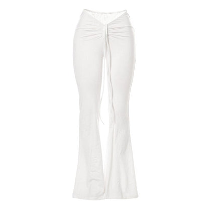 Women Slim Flare Pants Low Waist Drawstring Ruched Wide Leg White Trousers Joggers Sweatpants