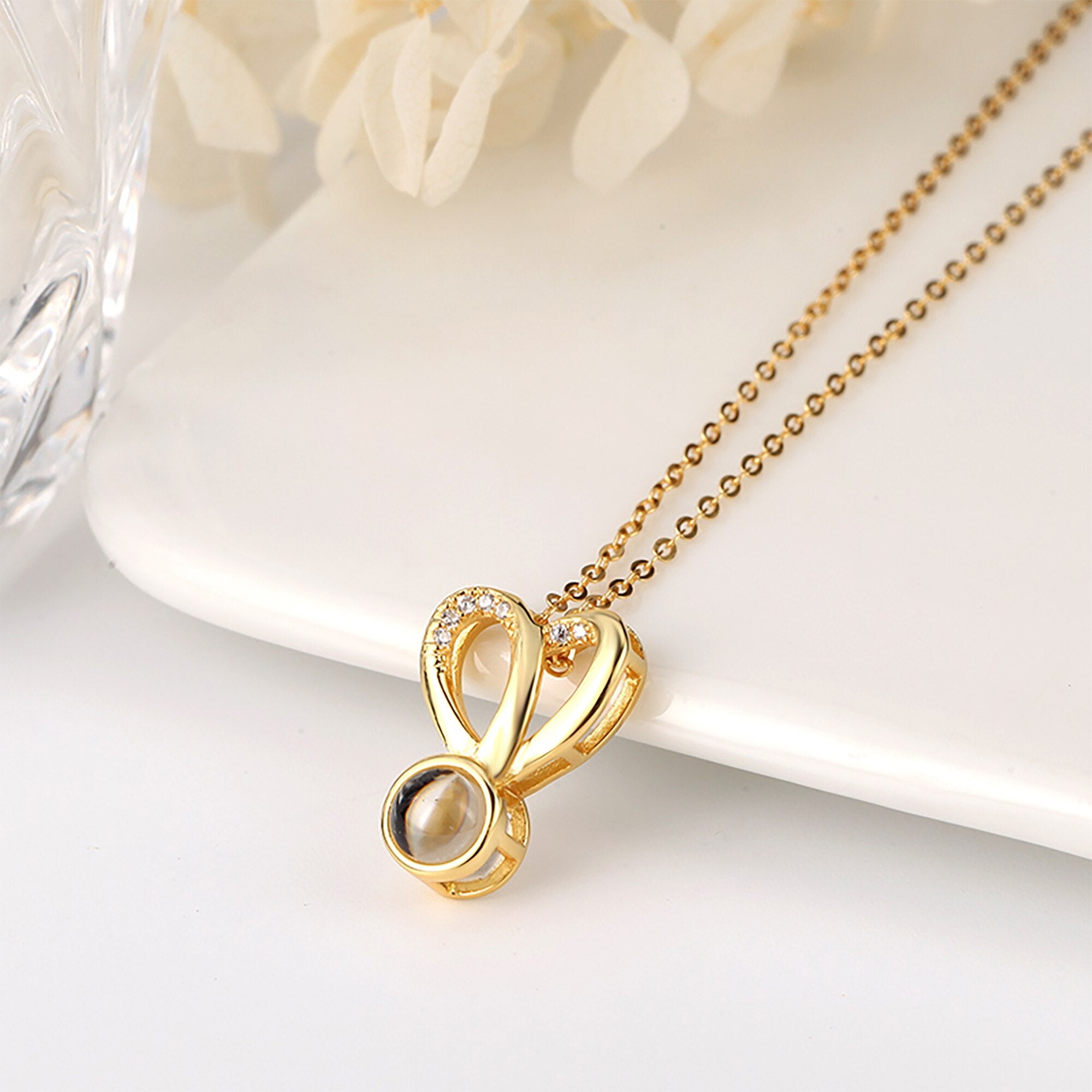 Personalized Photo Projection Necklace Sweet Crystal Rabbit Ears Pendant Necklaces