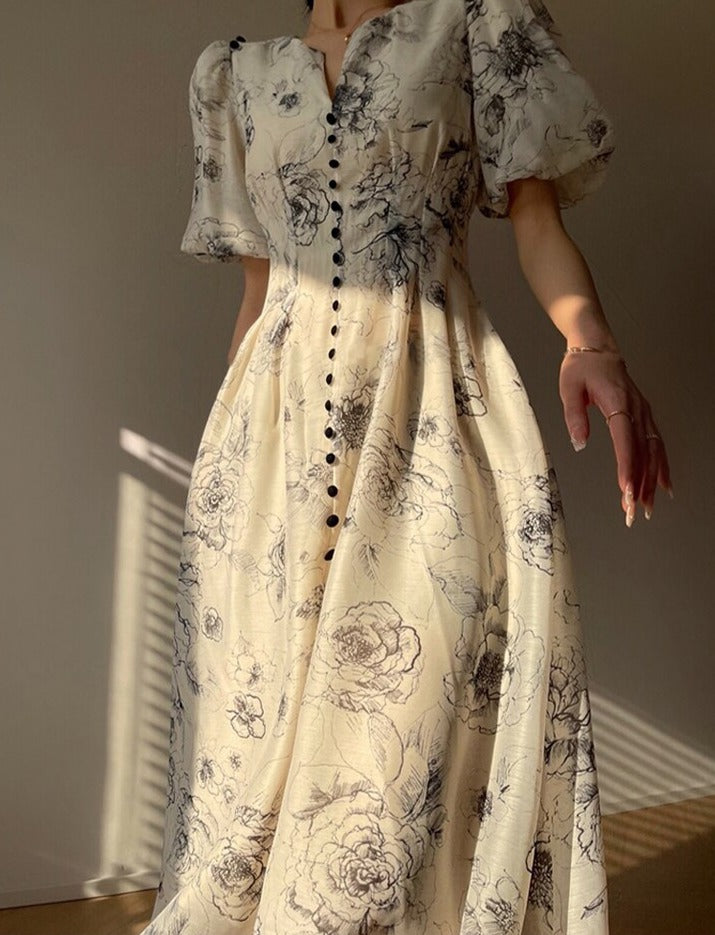 Vintage O-neck Single-breasted Summer Puff Sleeve Slim Women A-line Dress vestidos femme