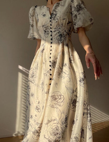 Vintage O-neck Single-breasted Summer Puff Sleeve Slim Women A-line Dress vestidos femme