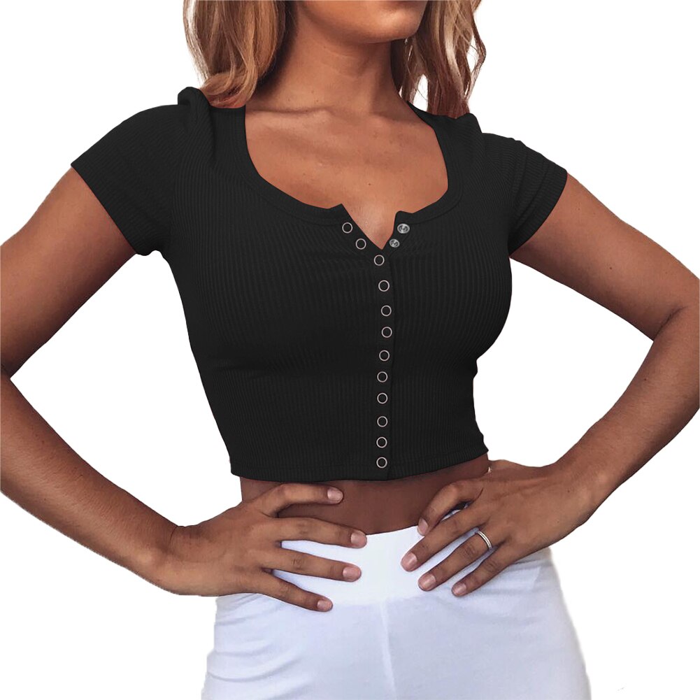 Women clothes Ladies Button Square Neck Tops Short Sleeve square collar pullover T-shirts