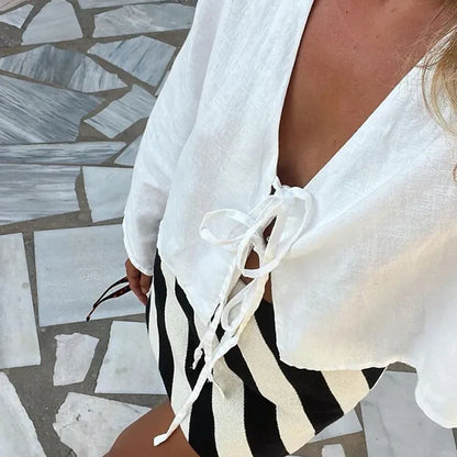 Cotton Linen Lace Up Bow Shirts Women Loose Hollow Out V Neck Long Sleeve Tops
