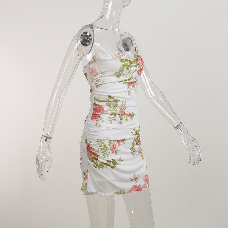 Floral Print Women Mesh Strap Mini Dress Ruched Bodycon Sexy Streetwear Summer Clothes