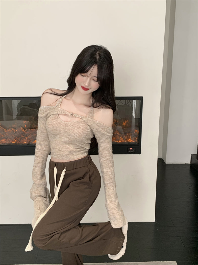 Off Shoulder Tops Women Skinny Slash Neck Halterneck Knitted Shirts y2k Summer 2022