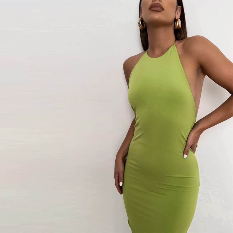 Halter Bandage Sleeveless Backless Shirring Draped Maxi Dress Sexy Streetwear