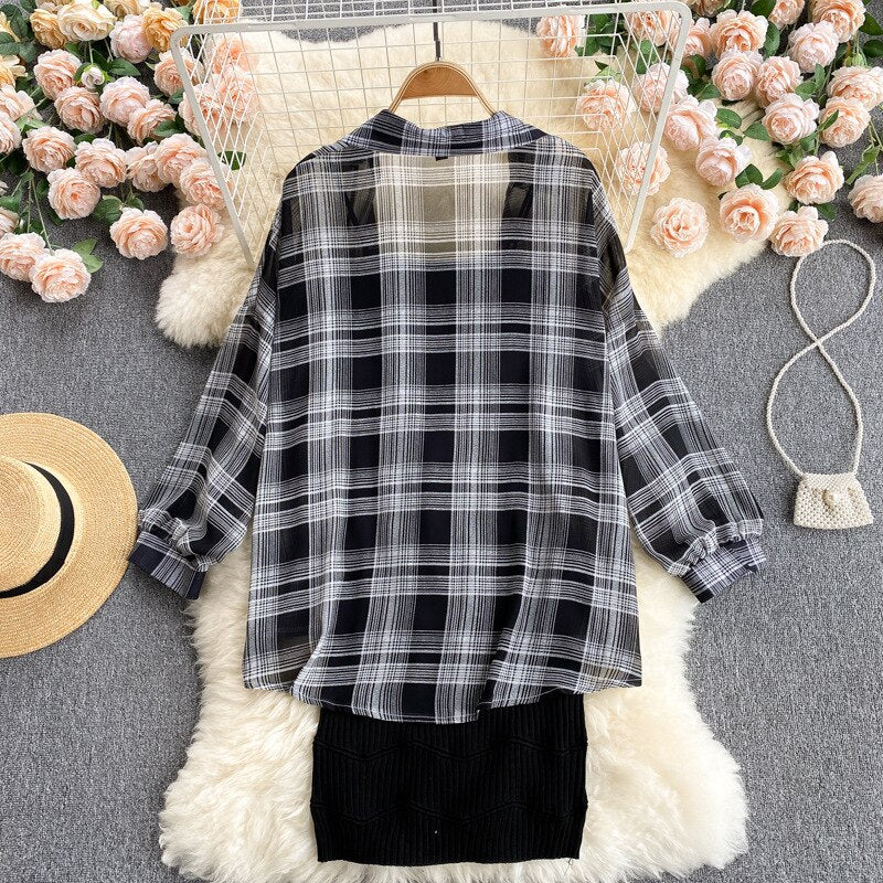 Summer Women Two Piece Set Plaid Long Sleeve Sunscreen Shirt+A-line Knitting Slip Dress