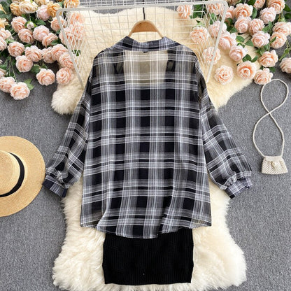 Summer Women Two Piece Set Plaid Long Sleeve Sunscreen Shirt+A-line Knitting Slip Dress