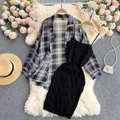 Summer Women Two Piece Set Plaid Long Sleeve Sunscreen Shirt+A-line Knitting Slip Dress