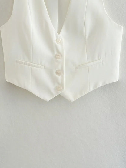 Vintage V Neck Sleeveless Female Outerwear White Chic Vests