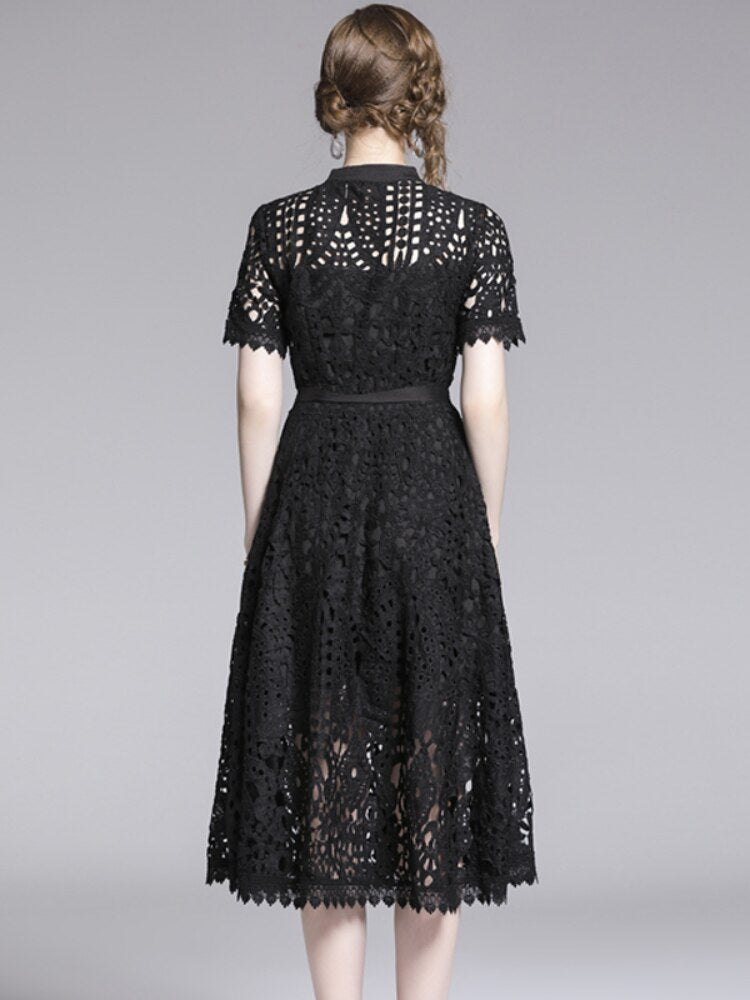 Lace Hollow Out Stand Collar Short Sleeve Dress High Waist Mid-calf Dress