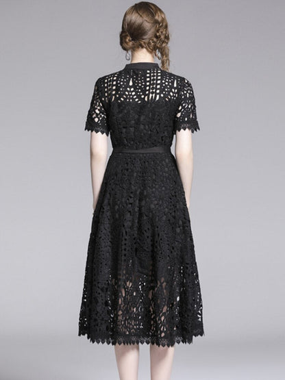 Lace Hollow Out Stand Collar Short Sleeve Dress High Waist Mid-calf Dress