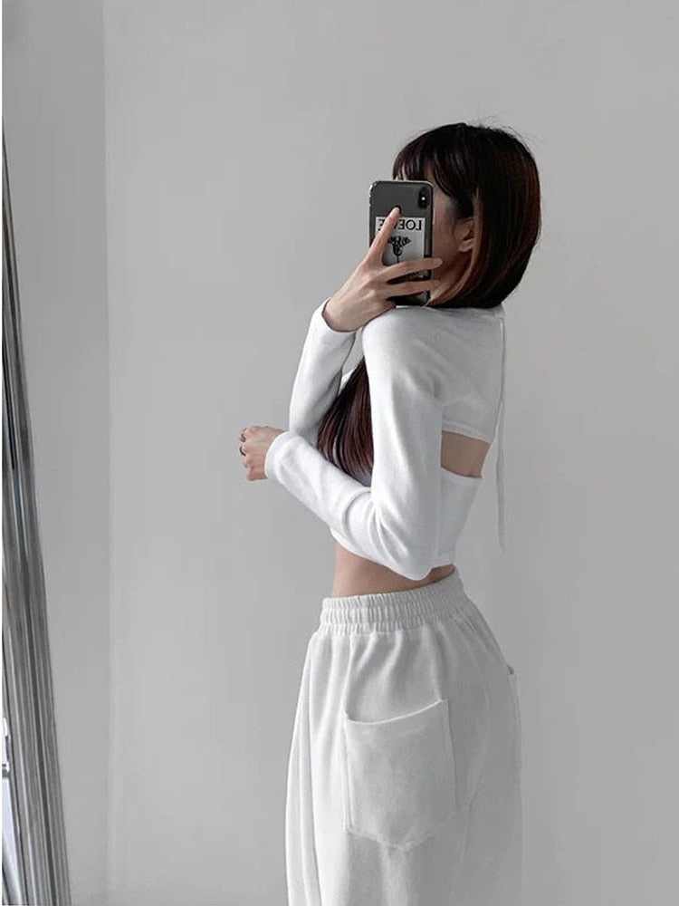Y2K T-shirt Two Piece Women Long Sleeve Smock+Knitted Halterneck Camis Skinny Cropped Tops Woman