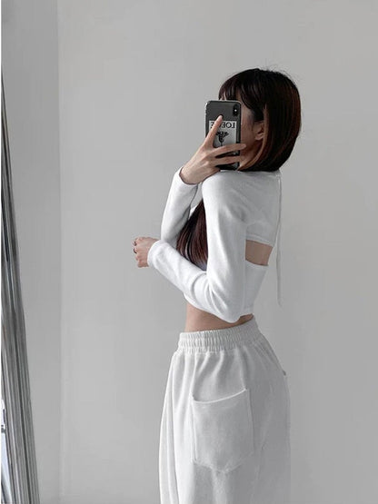 Y2K T-shirt Two Piece Women Long Sleeve Smock+Knitted Halterneck Camis Skinny Cropped Tops Woman