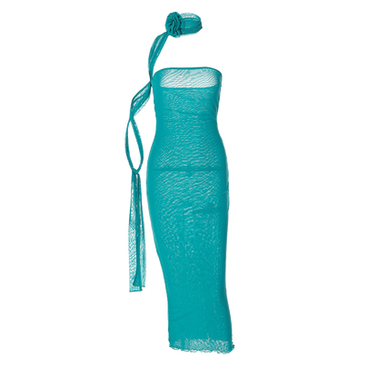 Mesh Flower Scarf Strapless Solid Elegant Sexy Bodycon Midi Prom Dress