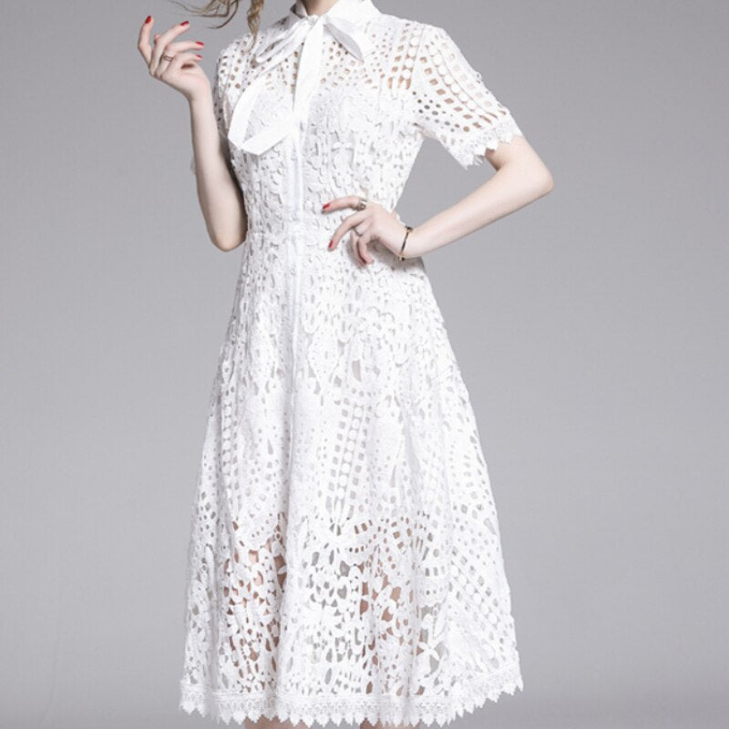Lace Hollow Out Stand Collar Short Sleeve Dress High Waist Mid-calf Dress