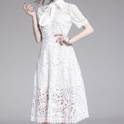 Lace Hollow Out Stand Collar Short Sleeve Dress High Waist Mid-calf Dress
