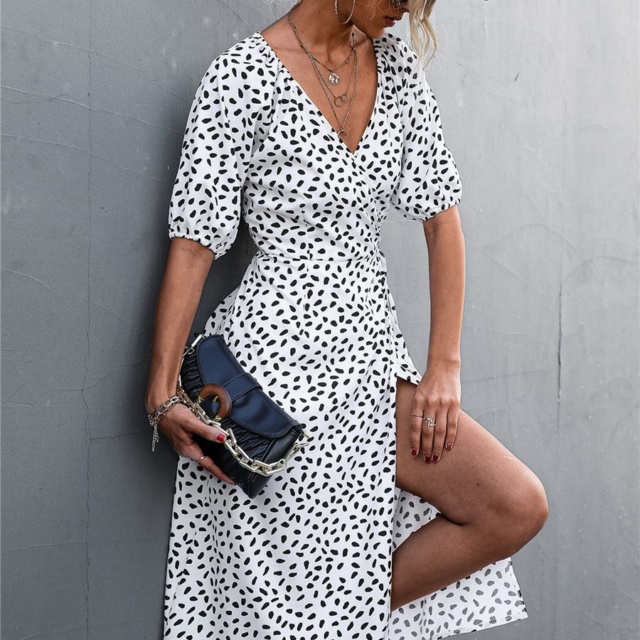 Woman Short Sleeve V Neck Chiffon Wrap Dresses Polka Dot Streetwear Elegant Midi Dress