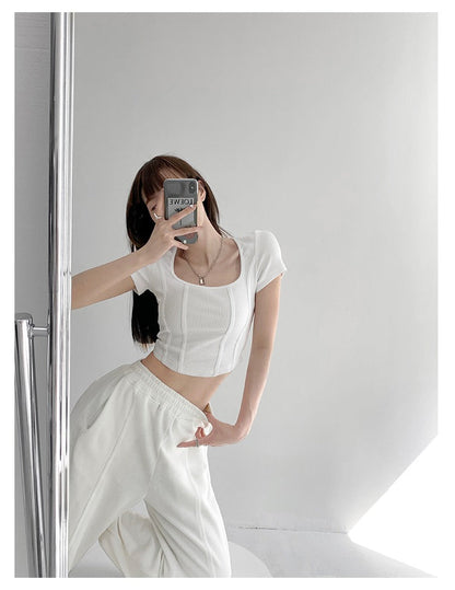 Vintaege Y2K Tops Women Summer Square Collar Short Sleeve T-shirt Fishbone Line Slim Crop