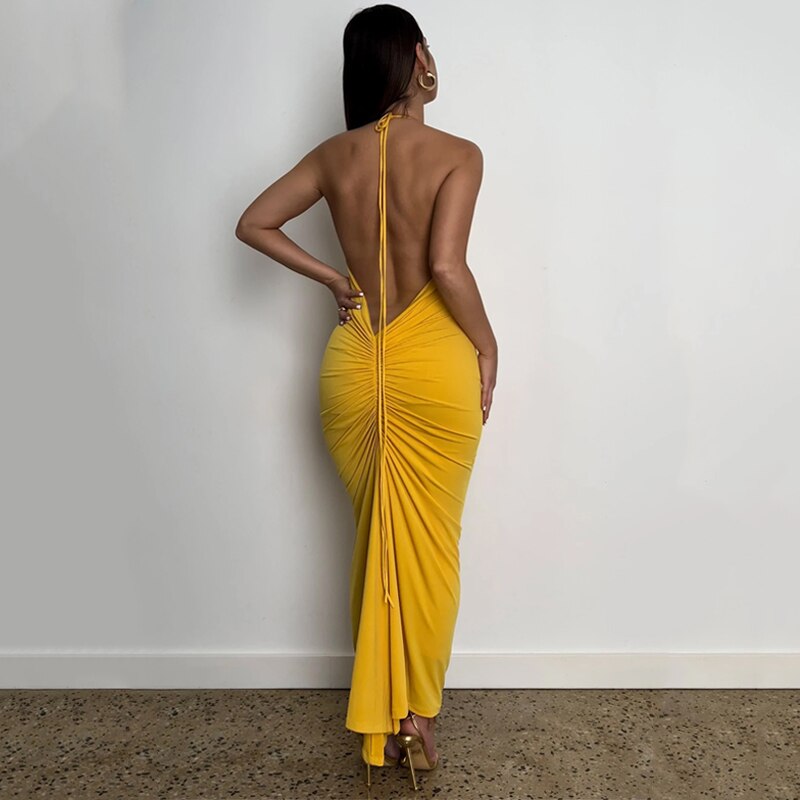 Halter Bandage Sleeveless Backless Shirring Draped Maxi Dress Sexy Streetwear