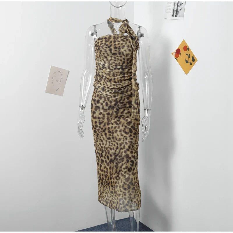 Leopard Print Wrapped Suit Backless Sleeveless Tops Skirts
