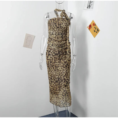Leopard Print Wrapped Suit Backless Sleeveless Tops Skirts