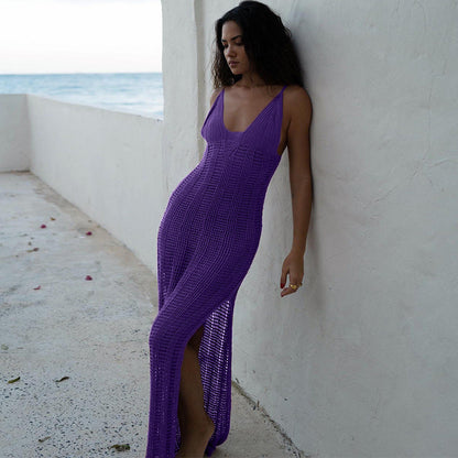 Spaghetti Strap Backless V-neck Loose Beach Dress Women&