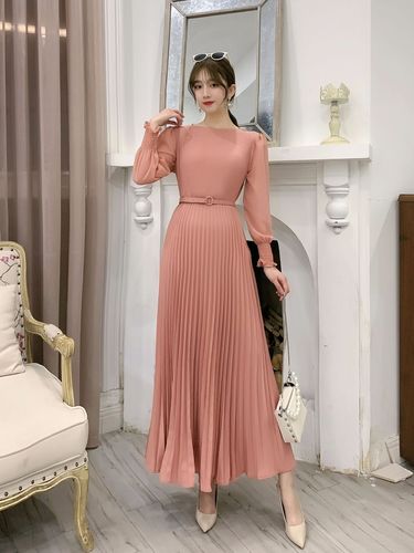 O-neck Long Sleeve A-line Dress Office Lady  Pleated Maxi Dress