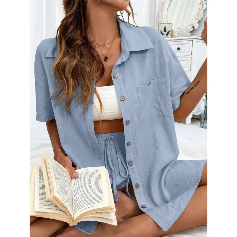 Solid Color Casual Loose Short Pants Sets For Women