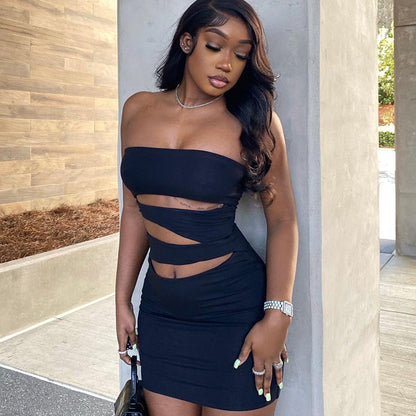 Off Shoulder Strapless Solid Hollow Out Mini Prom Dress Sexy Skinny