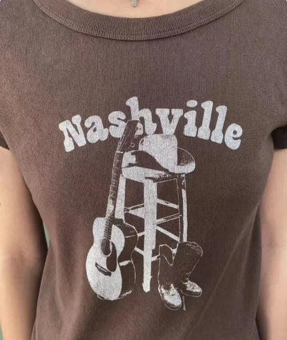 Vintage Brown Guitar Print Slim Tee Tops Women