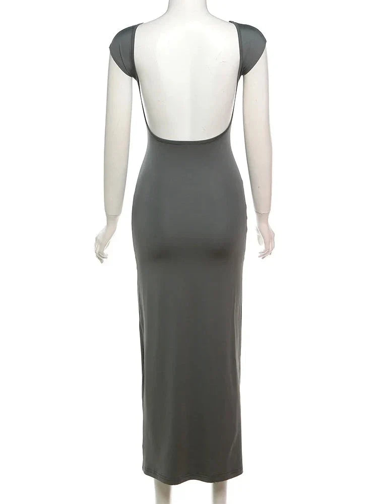 Elegant Short Sleeve Bodycon Maxi Dress O-neck Backless Lady Dresses