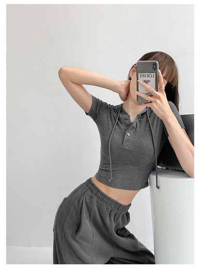 Fashion Hooded T-shirts Women Summer Tight Short Sleeve Y2k Tees Gray Crop Tops Female