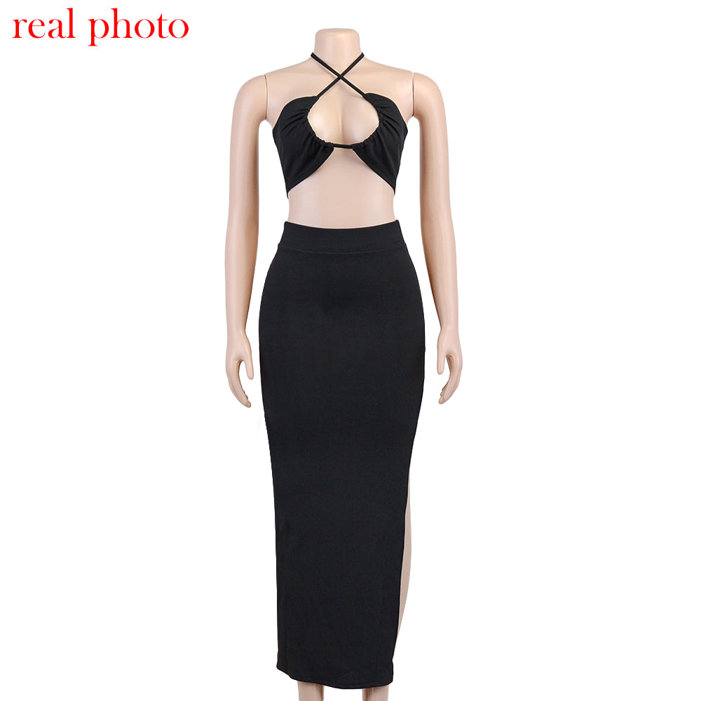 Cryptographic Bandage Cut Out Sexy Halter Neck Top and Skirts Set Gathered Elegant