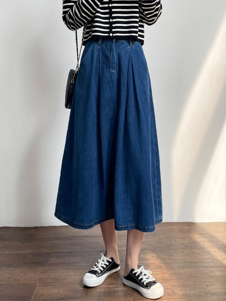 Denim Skirts Women Casual High Waist Lady Loose Vintage Dark Blue Skirts