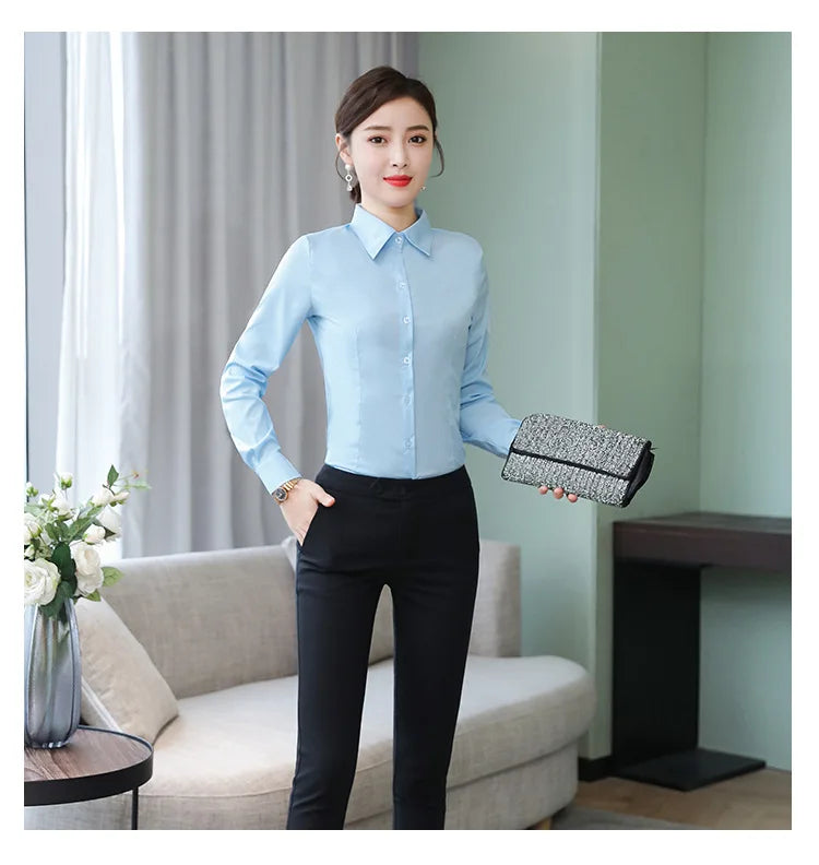 Polyester Cotton Shirts for Women Long Sleeve Blouse