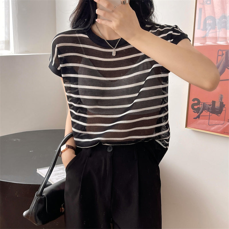 Hollow T-shirt Chain Women Summer New Solid Color Short Sleeve Knitted Tops Female 2022