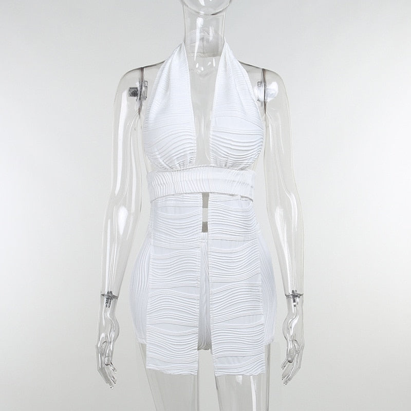 White Deep V-neck Halter Bandage 2 Pieces Sets Sleeveless Backless Suits Outfits with Shorts