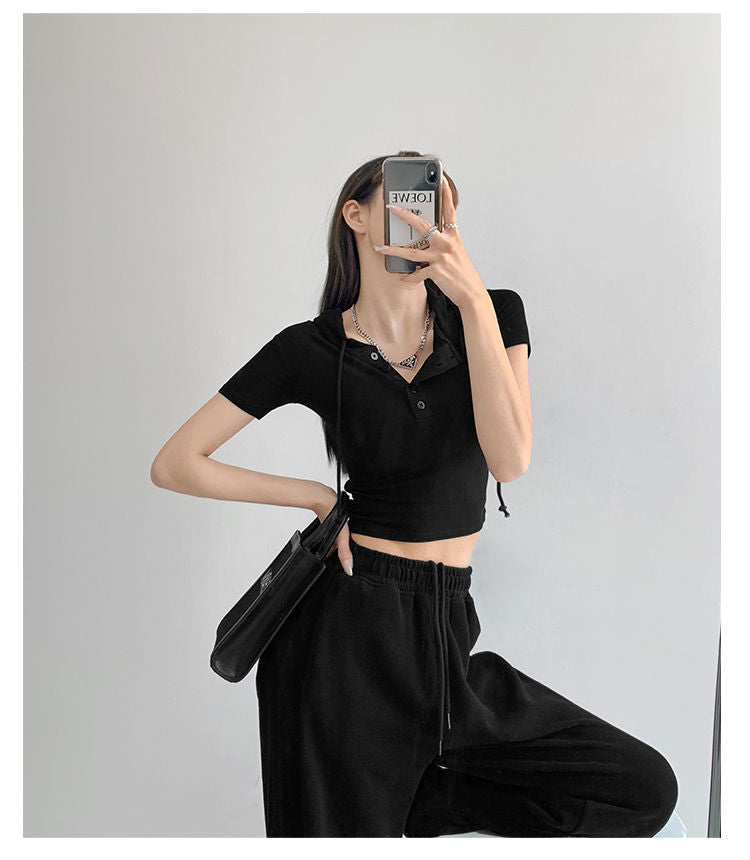 Fashion Hooded T-shirts Women Summer Tight Short Sleeve Y2k Tees Gray Crop Tops Female